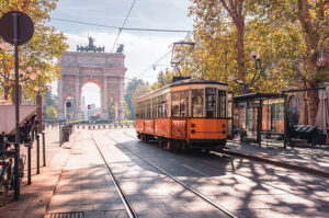 Arco della Pace Tram in Milan Italy